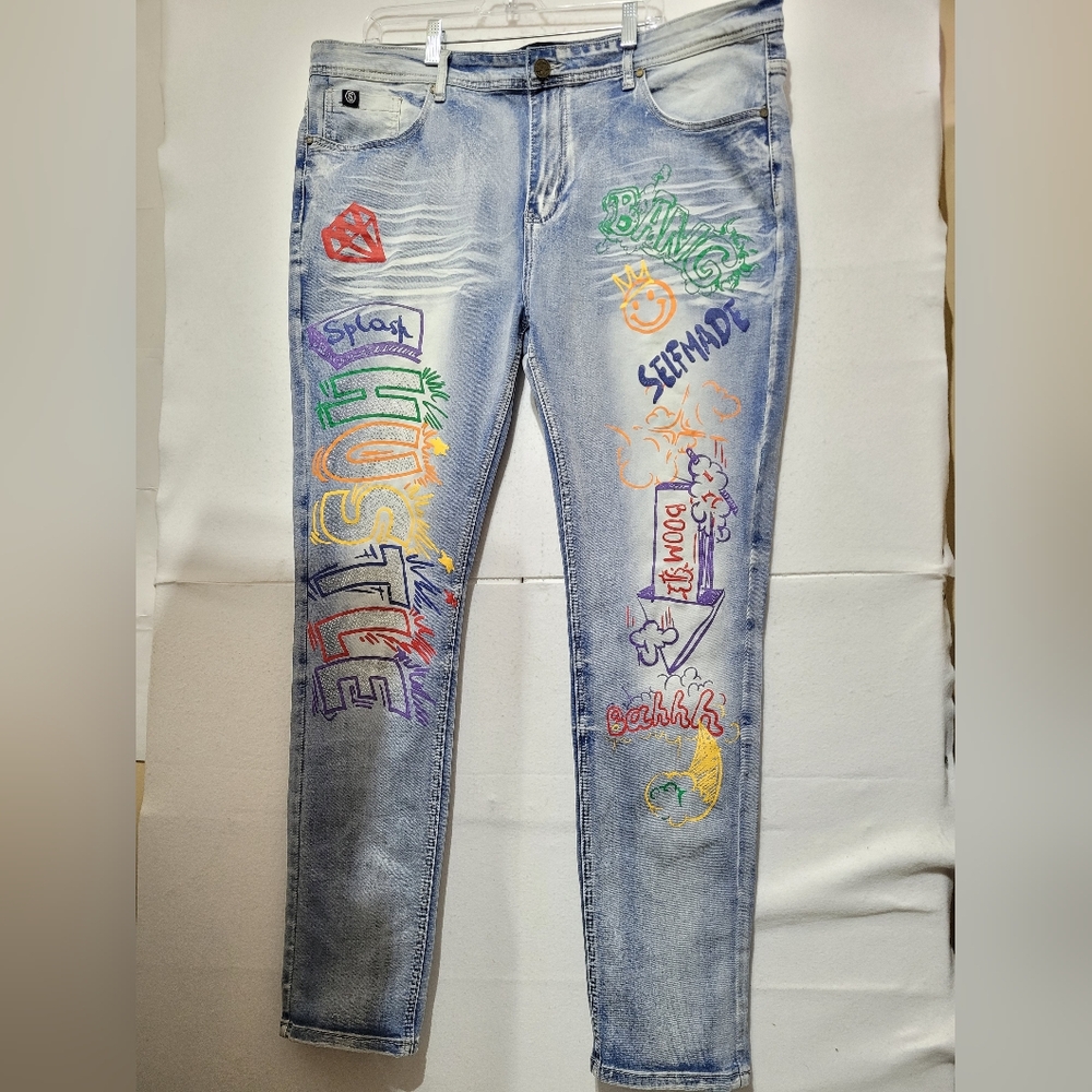 SWITCH REMARKABLE GRAFFITI FADED WASHED DENIM JEANS MEN'S 40X32 SLIM TAPER FIT